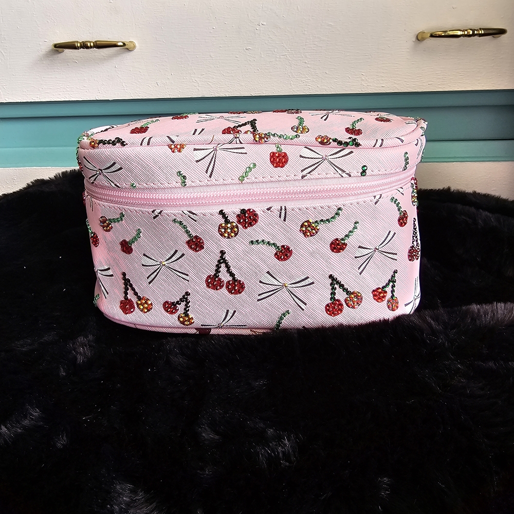 Pink Cherry Print Cosmetic Bag